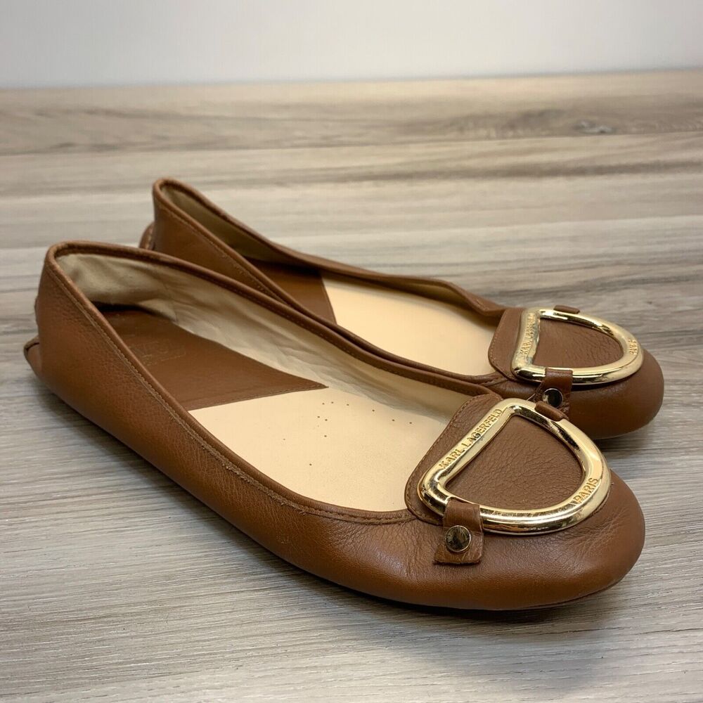 Karl Lagerfeld Womens Shoes Vavin Size 10M Tan Suede Leather Loafers Gold Ring